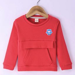 Olio Kids Cotton Knit Full Sleeves Winter T-Shirt with Kangaroo Pocket Owl Patch - Red-image-77