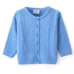 Doodle Poodle Knitted Full Sleeves Front Open Sweater with Cable Knit Design - Blue-image-38