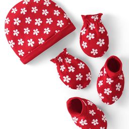 Babyhug 100% Cotton Cap Mittens And Booties Floral  Printed - Red-image-96