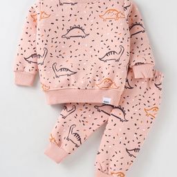 Teddy Fleece Knit Full Sleeves Winter Wear Night Suit with DinoPrint - Light Red-picture-27