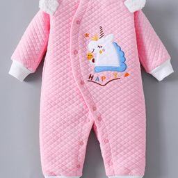 Kookie Kids Full Sleeves Front Open Winter Wear Romper with Unicorn Patch - Pink-image-44