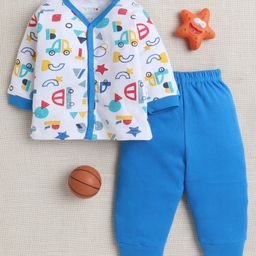 BUMZEE Cotton Knit Full Sleeves Vehicle Printed Jabla & Pajama Set - Blue & White-image-21