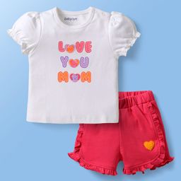 Babyoye Interlock Knit Half Sleeves T-Shirt & Shorts Set With Love You Mom Print - White & Pink-image-43