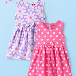 Babyhug Cotton Woven Sleeveless Polka Dot & Floral Printed Dresses With Bow Applique & Hairband Pack of 2 - Dark Pink & Lavender-image-92
