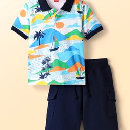 Babyhug Single Jersey Knit Half Sleeves Polo T-Shirt & Shorts With Beach Theme Print - Navy Blue-image-97