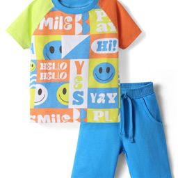 Babyhug Single Jersey Knit Half Raglan Sleeves T-Shirt & Shorts Set With Smiley Print - Blue-image-99