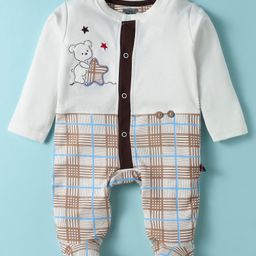 Mini Taurus Interlock Knit Full Sleeves Footed Checks Romper With Animal Patch - Tan-image-54