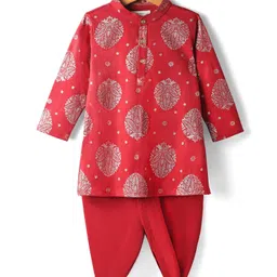 EARTHY TOUCH Single Jersey Knit Full Sleeves Floral Printed Kurta Dhoti Set - Red-picture-49