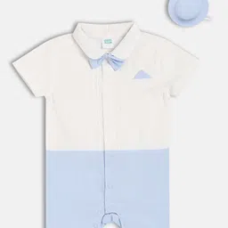 MINI KLUB Cotton Woven Half Sleeves Bow Applique Detailed Cut & Sew Pleated Romper With Cap - White & Blue-picture-47