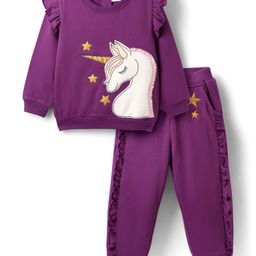 Babyhug Terry Knit Full Sleeves Top & Lounge Pant Set With Unicorn Patch - Purple-picture-3