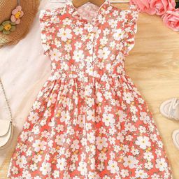 Bolly Lounge Cotton Blend Woven Frill Sleeves Floral Printed Dress - Orange-image-1