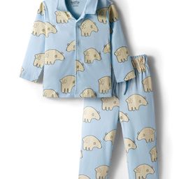 Bonfino 100% Cotton Knit Full Sleeve Front Open Co-Ord Night Suit with Bear Print - Light Blue-picture-7