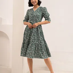AASK Women Green Printed Delta Crepe Fit and Flare Dress-image-9