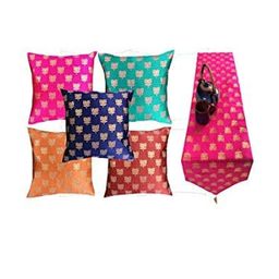 Pinkparrot 12x70 inch jacquard silk table runner and 5 pcs 16x16 inch cushion covers-image-55