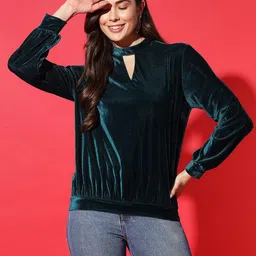 VAARARO Women Keyhole Neck Velvet Regular Top-picture-1