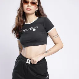 glitchez Monochrome Typography Printed Crop T-shirt With Trousers Co-Ords Set-image-52