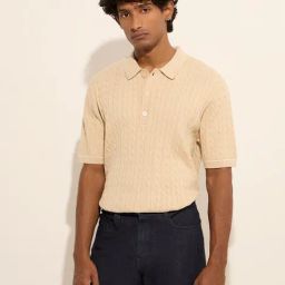 Ascot by Westside Beige Cable Knitted Cotton-Blend Polo T-Shirt-image-47