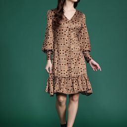 DressBerry Printed Bishop Sleeve A-Line Dress-image-38