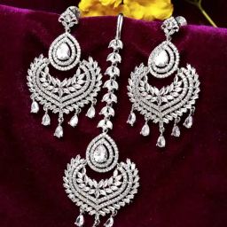 Zeneme Rhodium Plated Silver Toned Round AD Studded Maang Tikka & Earrings Set-picture-21
