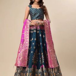 PURVAJA Teal Printed Stitched Lehenga & Unstitched Blouse With Dupatta-picture-37