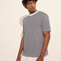 WES Lounge by Westside Black Stripe Relaxed-Fit Cotton Blend T-Shirt-picture-3