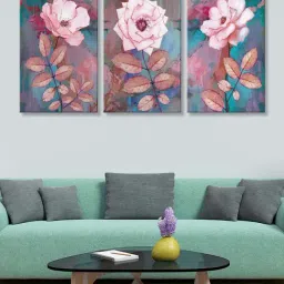 999Store Green & Pink Roses Art 3 Frame Canvas Paintings-37