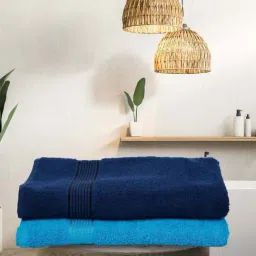 LORENA 100% Cotton Super-Soft Terry Towels -2pc Bath Towel (d`ross) solid-navy blue/turq-2