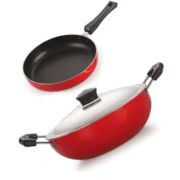 Nirlon Non-Stick Red Aluminium Dishwasher Safe Fry Pan & Deep Kadai Cookware Combo Set 2.6mm-40