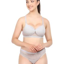 AROUSY Grey Self Pattern Bra Panty Set-14
