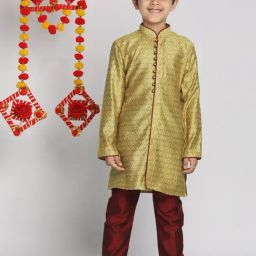 VASTRAMAY Kids Yellow & Maroon Self Kurta Set-image-56