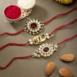 Peora Red Kundan & Crystal Stone Thread Rakhi with Roli Chawal Greeting Card (Set of 3 Rakhi)-image-77