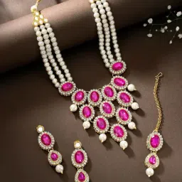Peora Gold-Plated Rani Pink Kundan Beads Necklace Earrings Maangtikka Jewellery Set-image-31