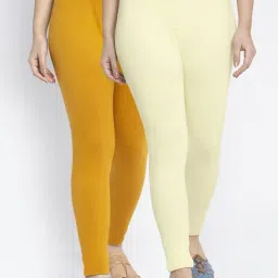 Gracit Mustard & Cream Mid Rise Leggings - Pack Of 2-picture-12