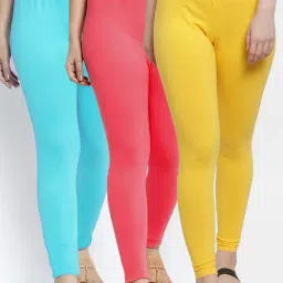 Gracit Yellow & Peach Mid Rise Leggings - Pack Of 3-image-79