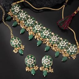 Peora Gold-Plated Green Meenakari Enamel Choker Necklace Earrings Maangtikka Jewellery Set-17