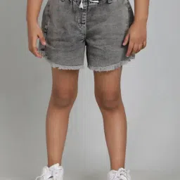 Tales & Stories Girls Grey Cotton Washed Shorts-image-5