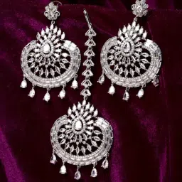 Zeneme Rhodium Plated Silver Toned Round AD Studded Maang Tikka & Earrings Set-picture-25