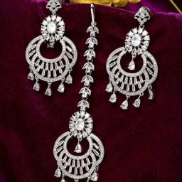 Zeneme Rhodium Plated Silver Toned Round AD Studded Maang Tikka & Earrings Set-picture-4