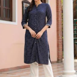 Savi Navy Blue Viscose Rayon Ethnic Motifs Kurti-image-3