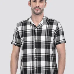 Numero Uno Men Cuban Collar Windowpane Checked Cotton Casual Shirt-image-45