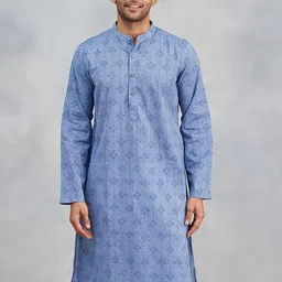 Fabindia Geometric Block Printed Band Collar Cotton Straight Kurta-image-47