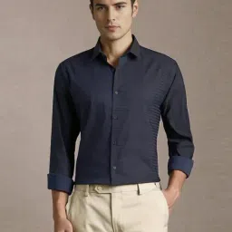 Louis Philippe Navy Cotton Slim Fit Striped Shirt-picture-2