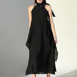 Showoff Black Cotton Regular Fit Dress With Neck Tie-image-50