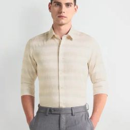 Arrow Newyork Beige Cotton Slim Fit Striped Shirt-image-95