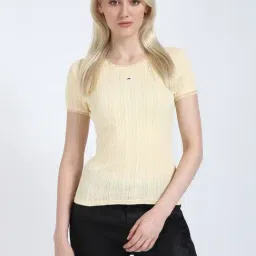 Tommy Hilfiger Yellow Cotton Slim Fit Self Pattern T-Shirt-image-99