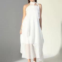 SHOWOFFFF White Cotton Regular Fit Dress With Neck Tie-image-56