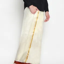 Sethukrishna Men Off-White Solid Double Layer Readymade Dhoti With Pocket-image-38