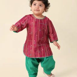 Fabindia Kids Pink & Green Printed Full Sleeves Kurta with Salwar-picture-18