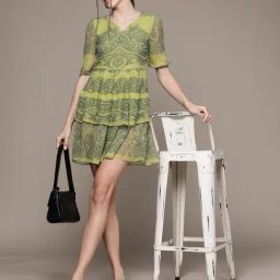 Label Ritu Kumar Green Geometric Print Fit & Flare Short Dress-image-37