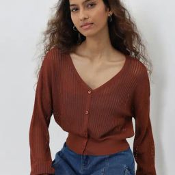 Nuon by Westside Light Brown Self-Striped Cardigan-image-82